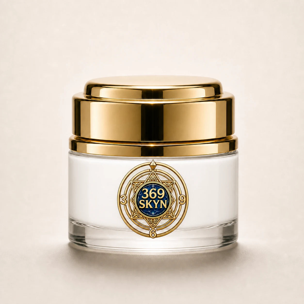 369 SKYN Magic Touch white cream in a clear glass jar with polished gold details