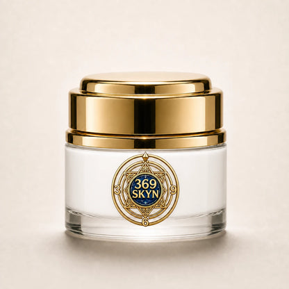 369 SKYN Magic Touch white cream in a clear glass jar with polished gold details