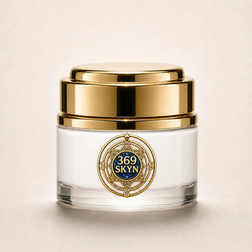 369 SKYN Magic Touch white cream in a clear glass jar with polished gold details