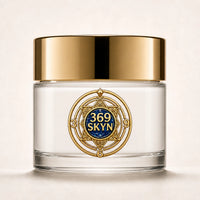 369 SKYN Age Renewal Cream with white cream in a clear glass jar and polished gold lid
