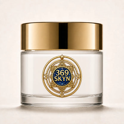 369 SKYN Age Renewal Cream with white cream in a clear glass jar and polished gold lid