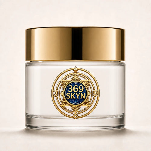 369 SKYN Age Renewal Cream with white cream in a clear glass jar and polished gold lid