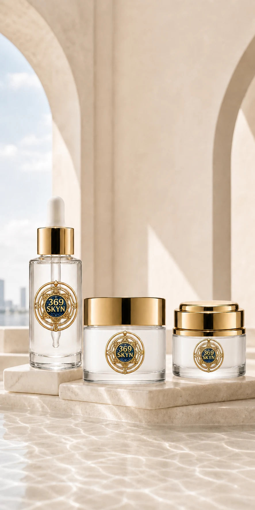 369 SKYN Serum, Age Renewal Cream, and Magic Touch ritual with both jars filled with white cream