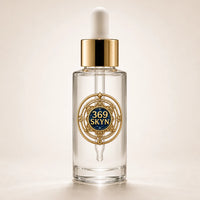 369 SKYN Serum in a clear glass dropper bottle with polished gold details
