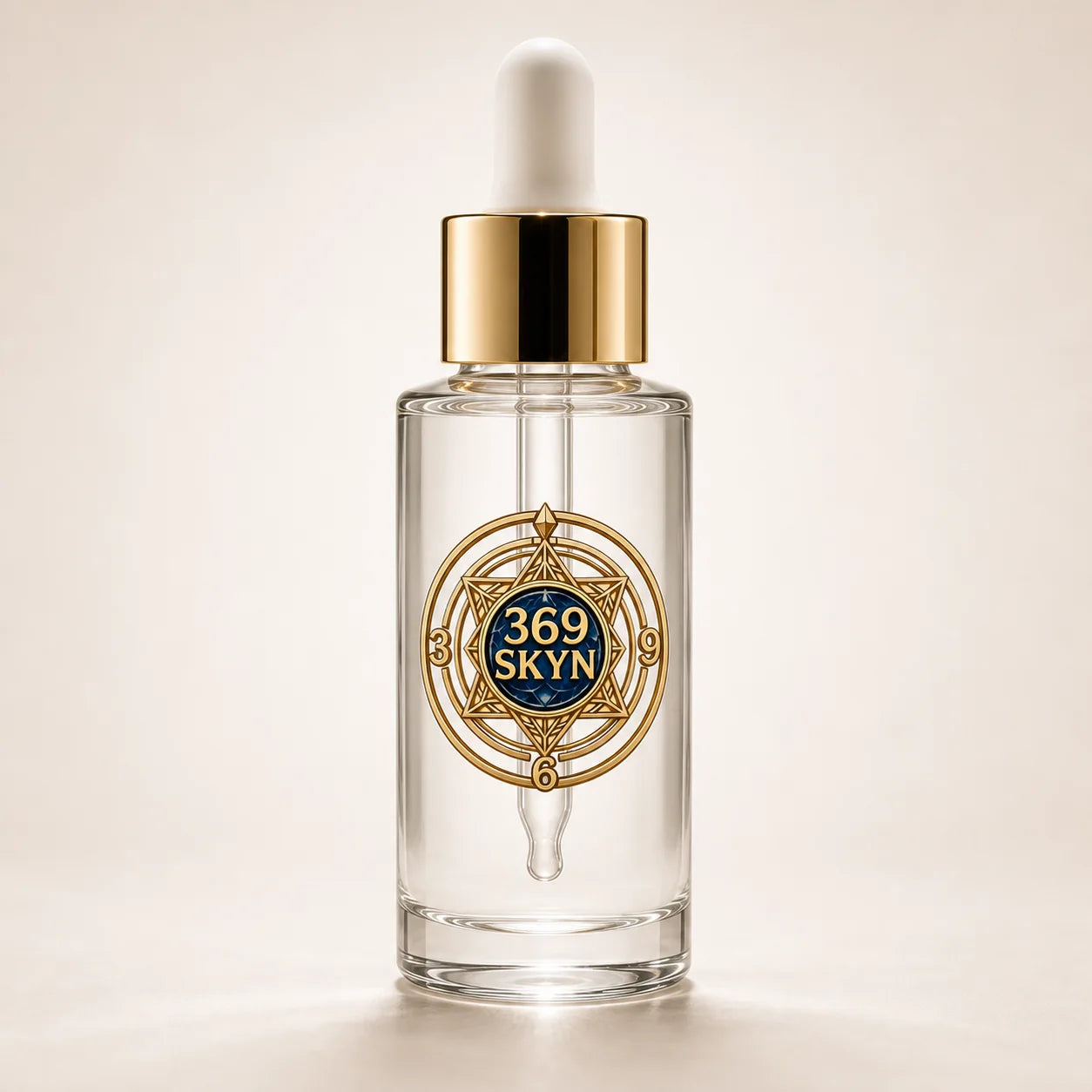 369 SKYN Serum in a clear glass dropper bottle with polished gold details
