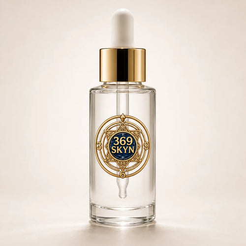 369 SKYN Serum in a clear glass dropper bottle with polished gold details